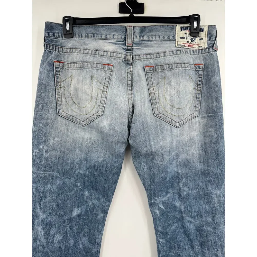 True Religion Jeans Mens 40 Distressed Ripped Fade Straight Leg Blue Denim Pants